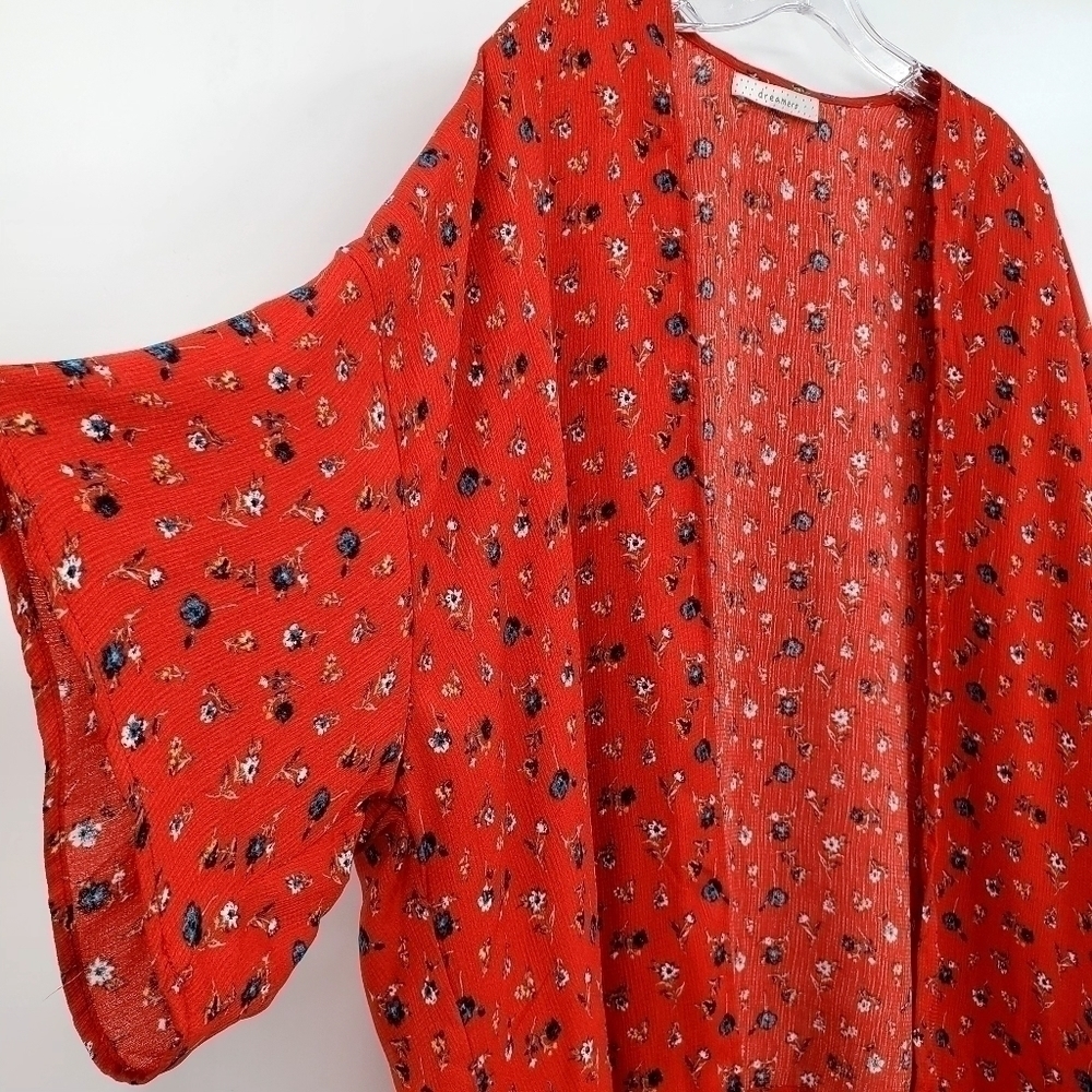 Dreamers Red Floral Tie Front Kimono Style Lightweight Cardigan